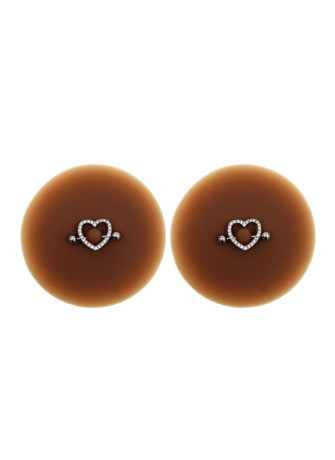 Paire de cache-tétons piercing barre coeur faux diamant peau foncée - XP004F